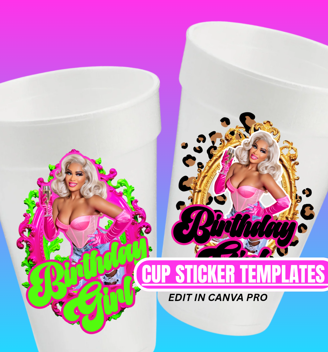 2 - Bundle Birthday Girl Pink & Green Cup Template – Canva Pro Editable (Digital Download)