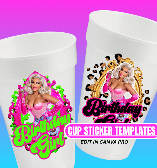 2 - Bundle Birthday Girl Pink & Green Cup Template – Canva Pro Editable (Digital Download)