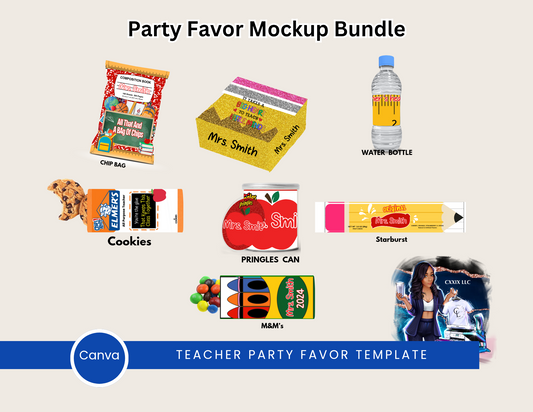 Teacher Party Favor Bundle – Editable Canva Templates (7 Pieces)