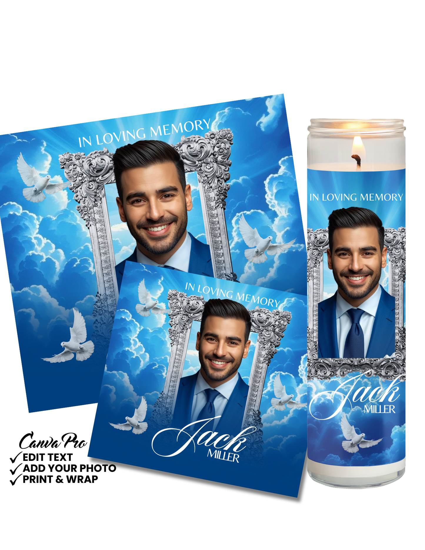 Men’s Memorial Candle Template | Blue Editable Canva Design