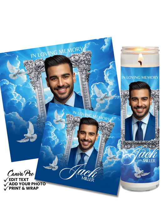 Men’s Memorial Candle Template | Blue Editable Canva Design