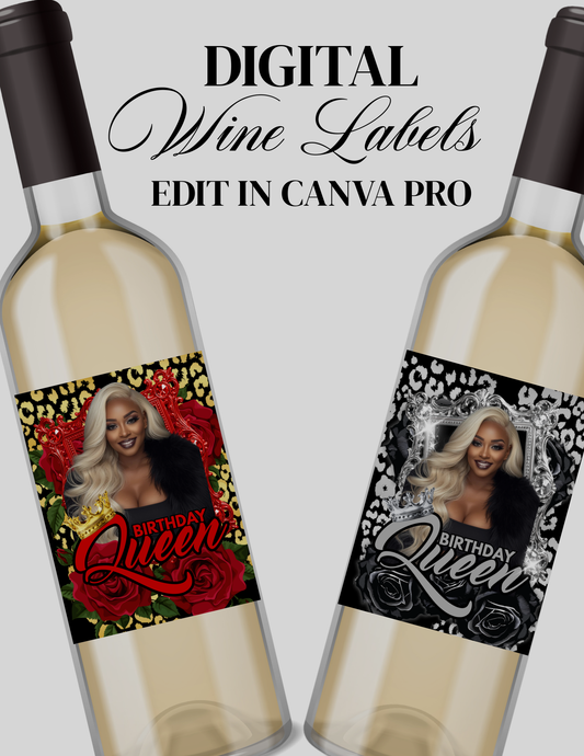 Birthday Queen Wine Label Bundle | Red & Gold + Black & Silver Canva Templates