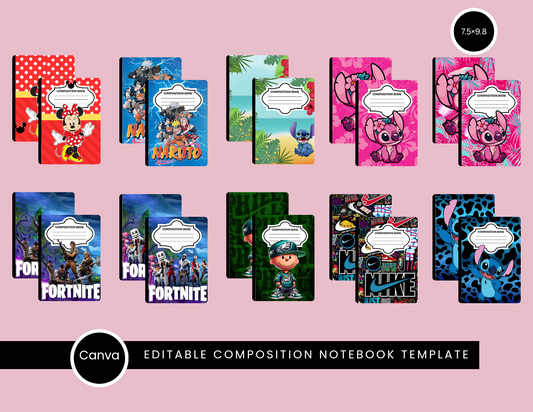 Editable 10-Template Character & Sports Composition Notebook Cover Bundle – Canva Pro Required