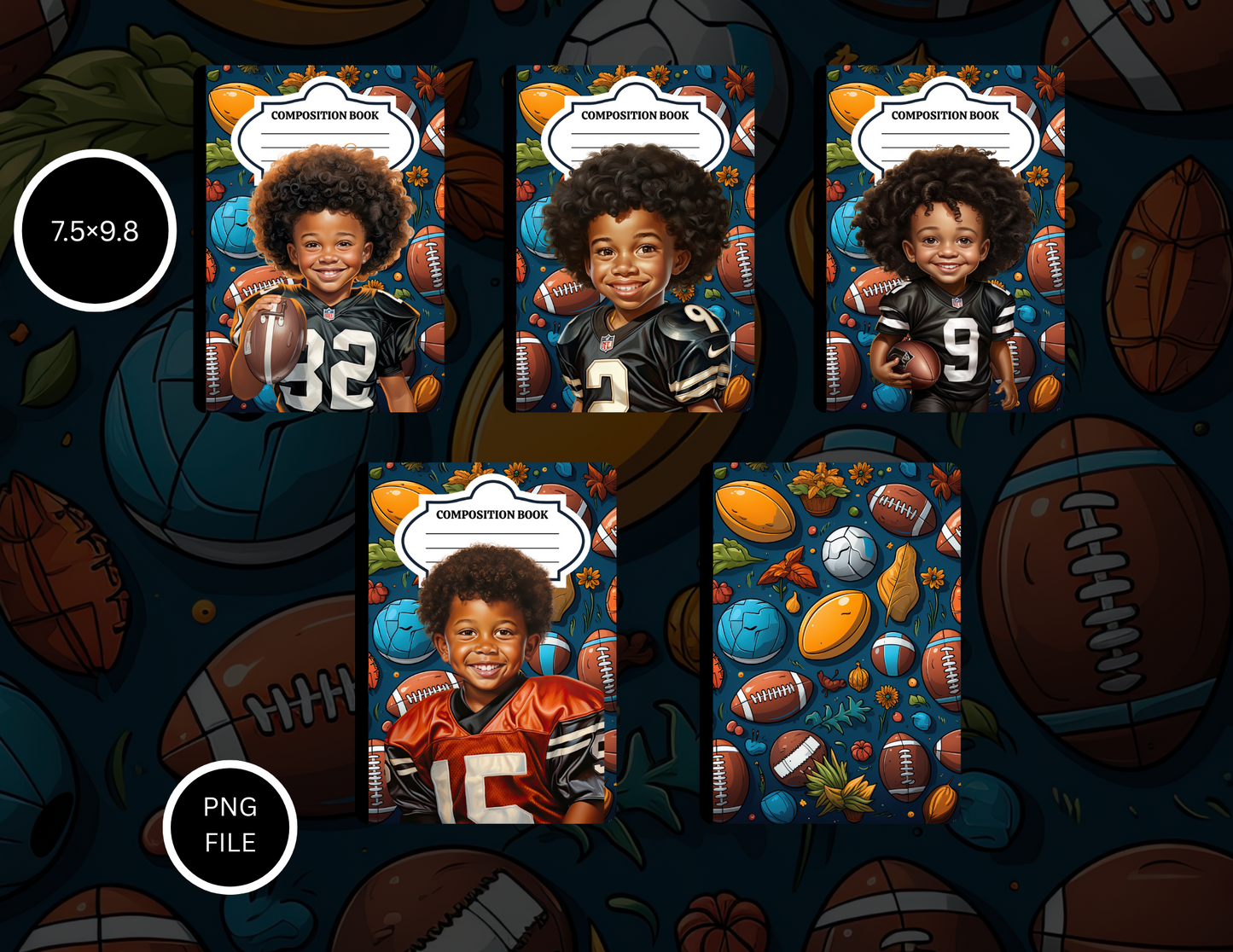 Football Star Boy Composition Notebook Covers – 5 PNG Designs